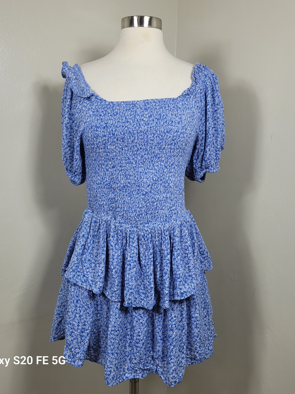Japna Blue White Floral Off the Shoulder Cottagecore Romantic Tiered Dress Med